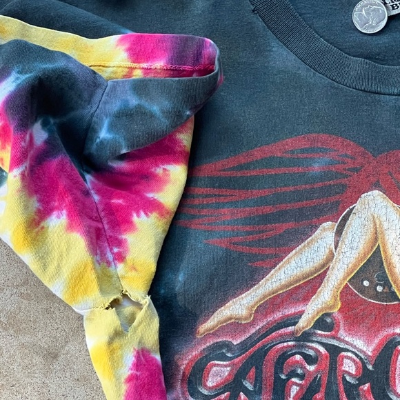 Vintage 90s single stitched tie die Aerosmith tshirt green yellow liquid blue - Picture 7 of 8
